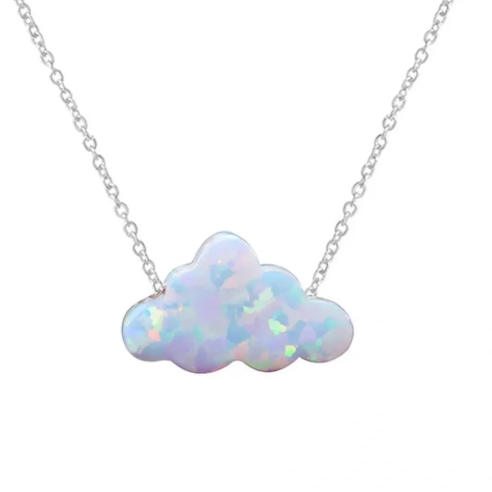 “White Opal Cloud” Rainbow Iridescent Glittery Cumulus Sky Weather 925 Necklace